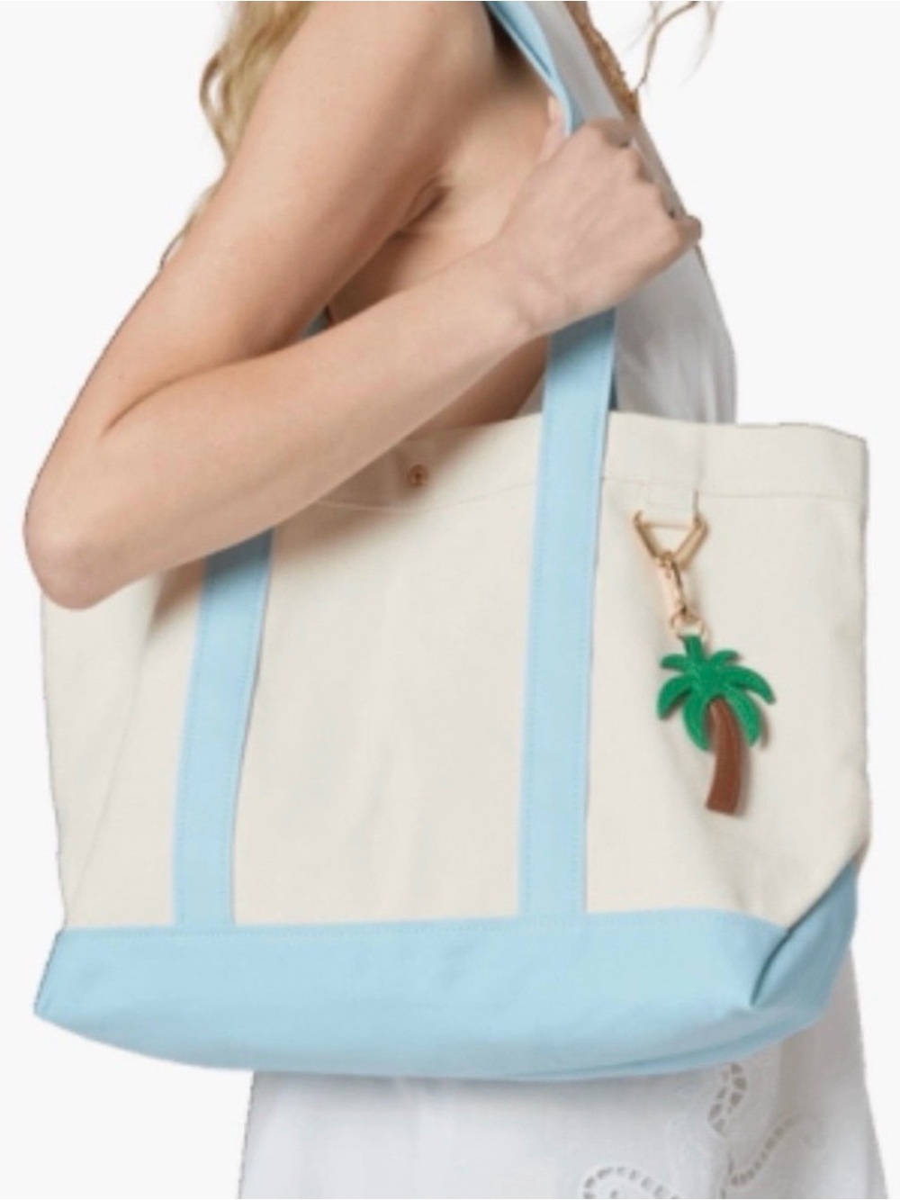 BaubleBar Cream Canvas Tote with Light Blue Trim and Palm Charm